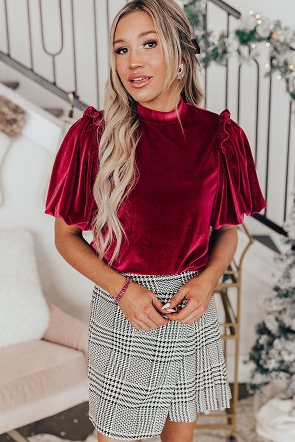 Red Dahlia Frilled Short Puff Sleeve Velvet Blouse