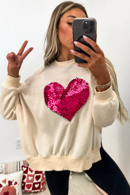 Beige Big Sequin Heart Pattern Ribbed Trim Side Slit Sweatshirt