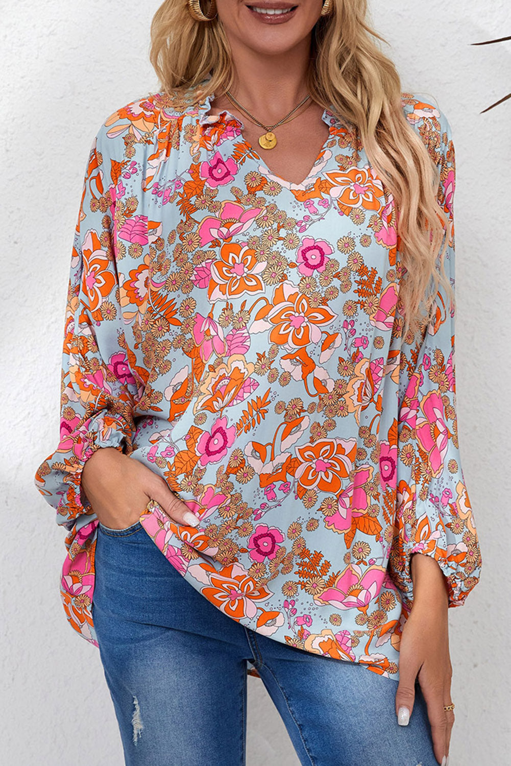 Elegant Floral Ruched V Neck Bohemian Blouse