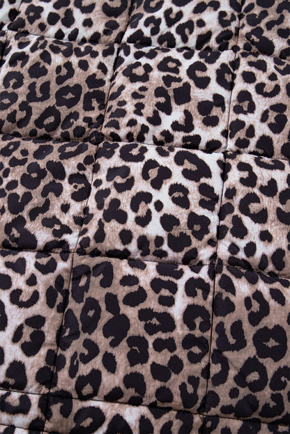 Brown Leopard Quilted Full Zipper Casual Puff Vest