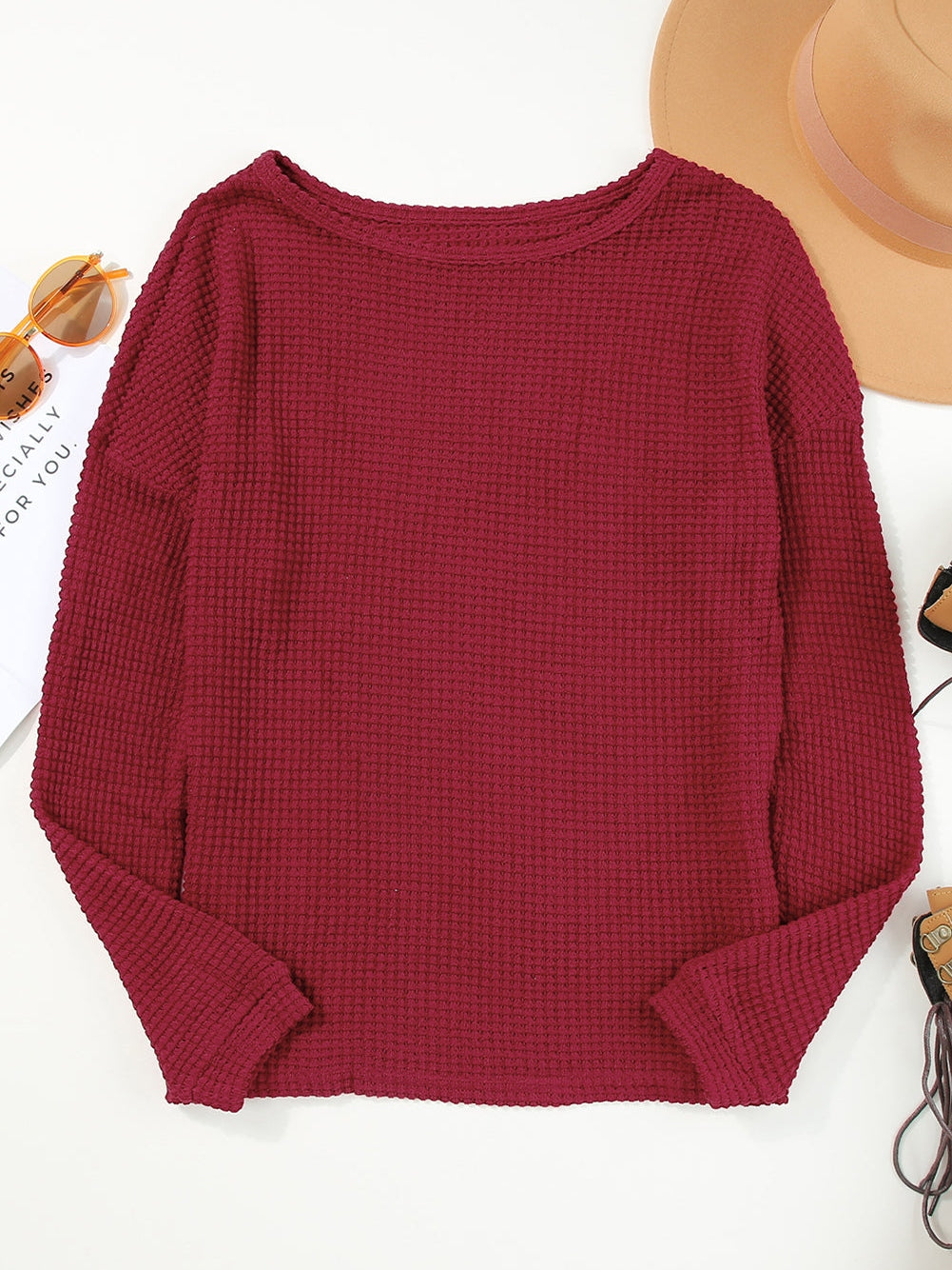Fiery Red Waffle Knit Drop Sleeve Casual Top