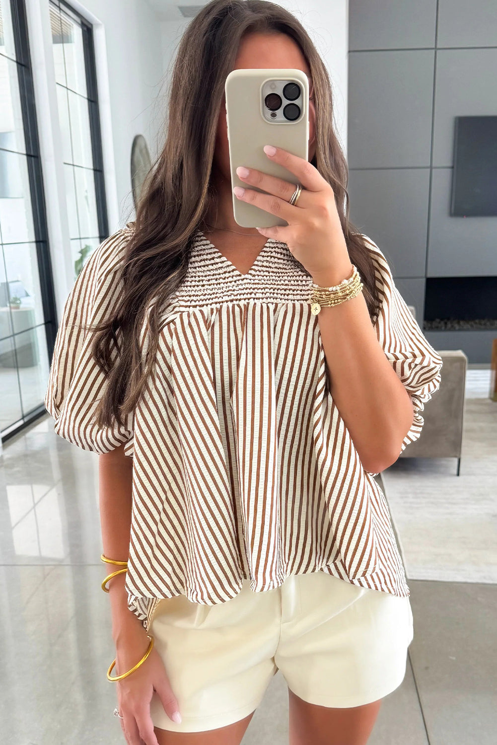 Brown Stripe Shirred V Neck Short Puff Sleeve Blouse