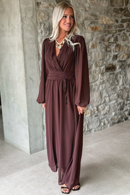 Dark Brown Solid Color Long Sleeve V Neck Pleated High Waist Maxi Dress