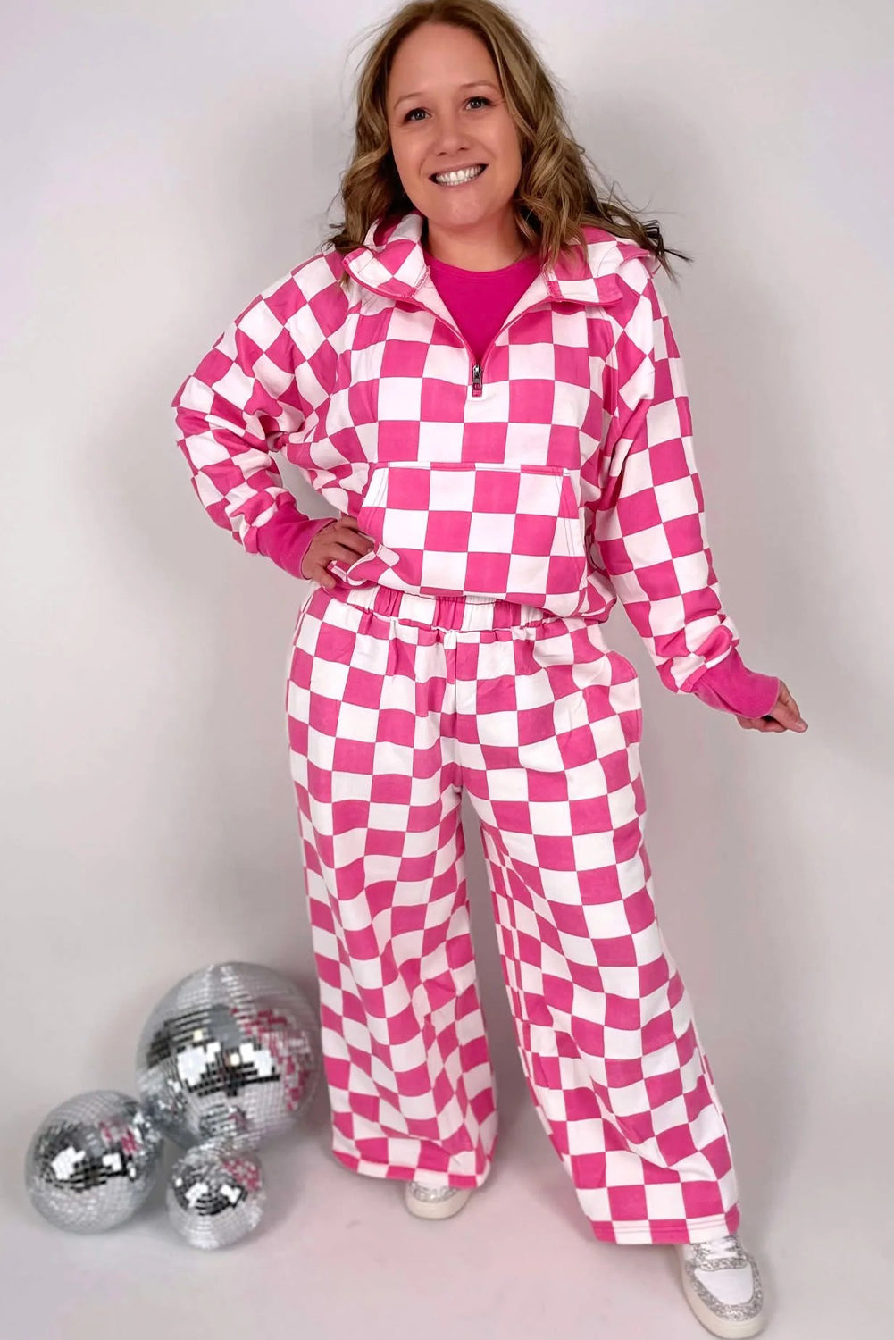 Red Checkered Print Half Zip Hoodie