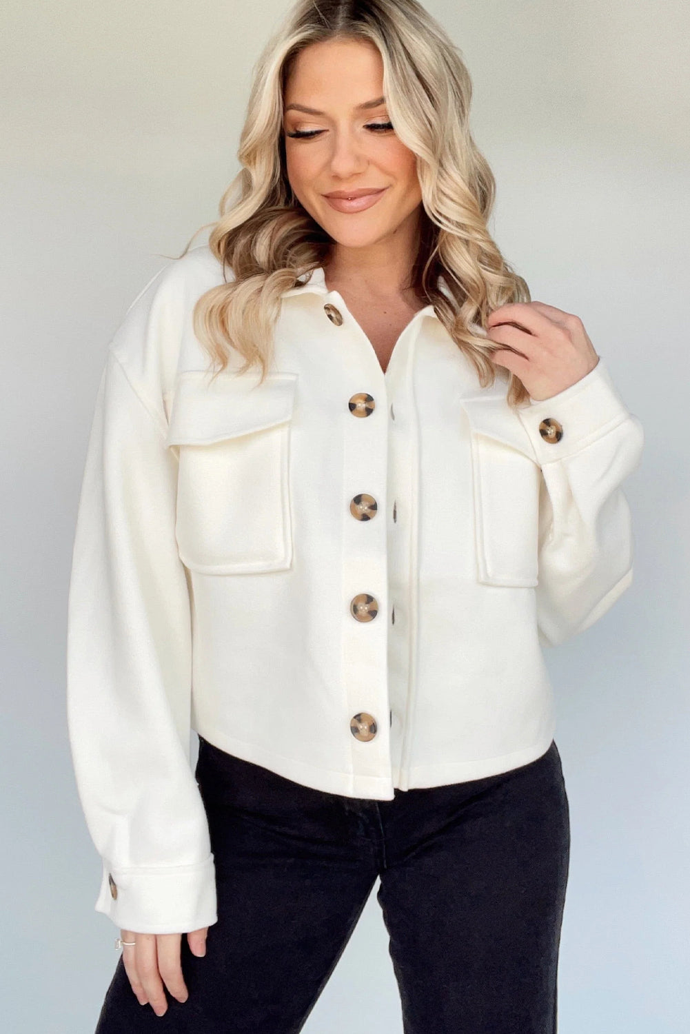 White Big Flap Pockets Chunky Boxy Fit Chic Jacket
