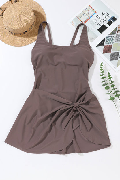 Coffee Brown Knotted Split Sheath Style Swim Dress