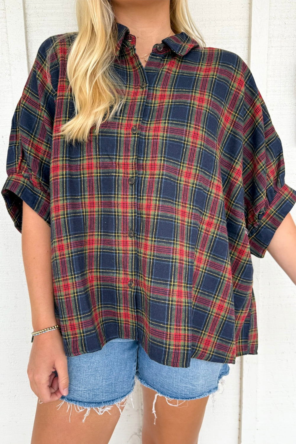 Sail Blue Retro Plaid Half Sleeve Loose Shirt