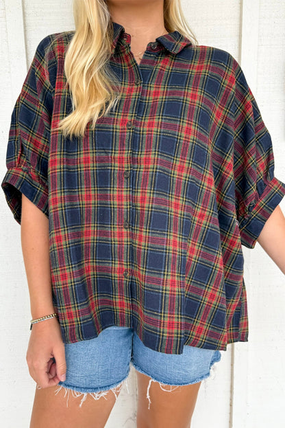 Sail Blue Retro Plaid Half Sleeve Loose Shirt