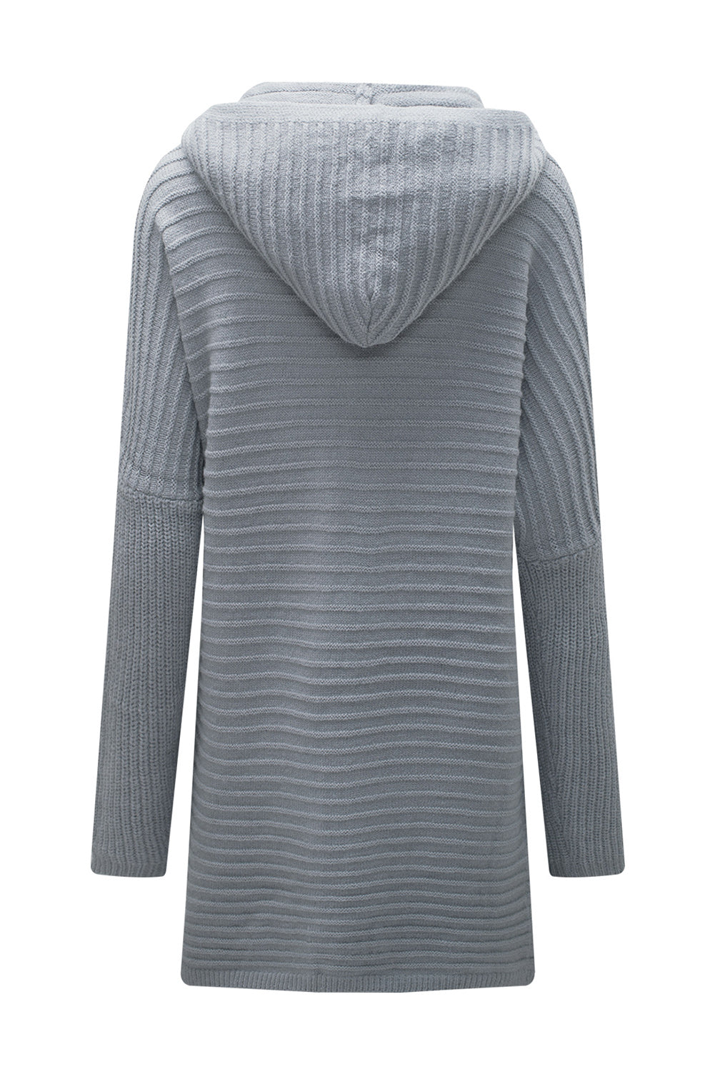 Knit Grey Hooded Duster Cardigan with Horizontal Rib Texture