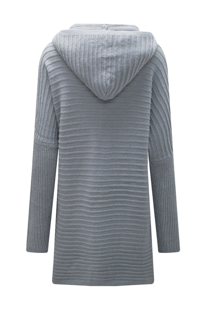 Knit Grey Hooded Duster Cardigan with Horizontal Rib Texture