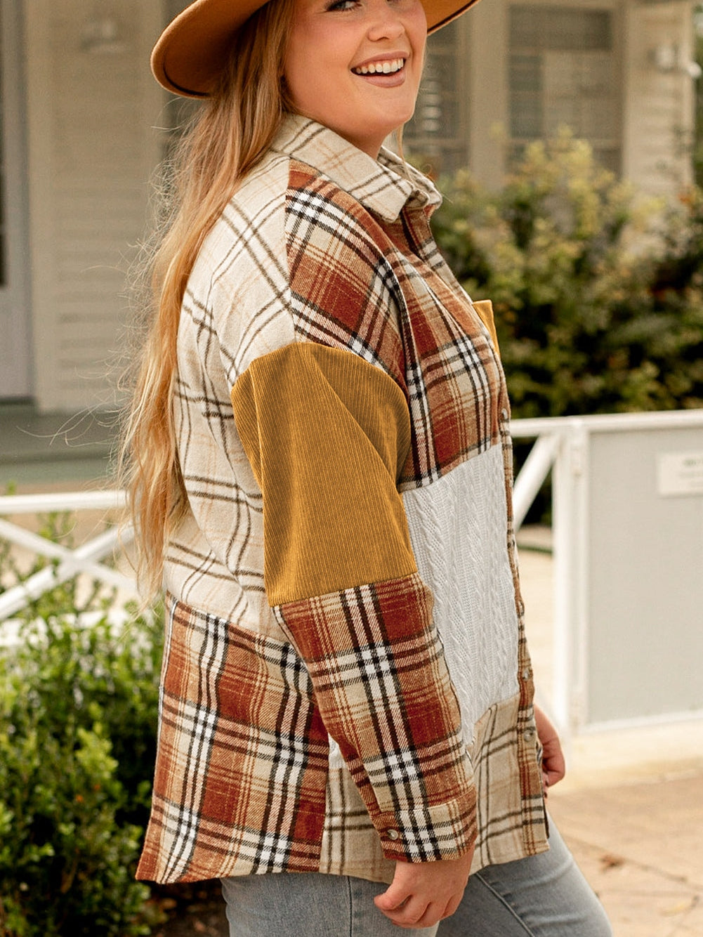 Golden Apricot Plus Size Plaid Patchwork Button up Shacket