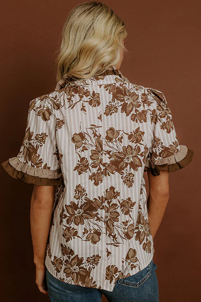 Brown Floral Striped Print Frilled Color Block Trim Short Sleeve Blouse