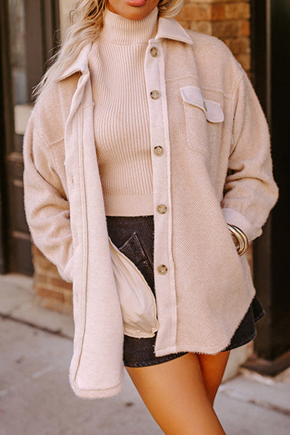 Parchment Solid Flap Pocket Buttoned Front Rounded Hem Casual Shacket