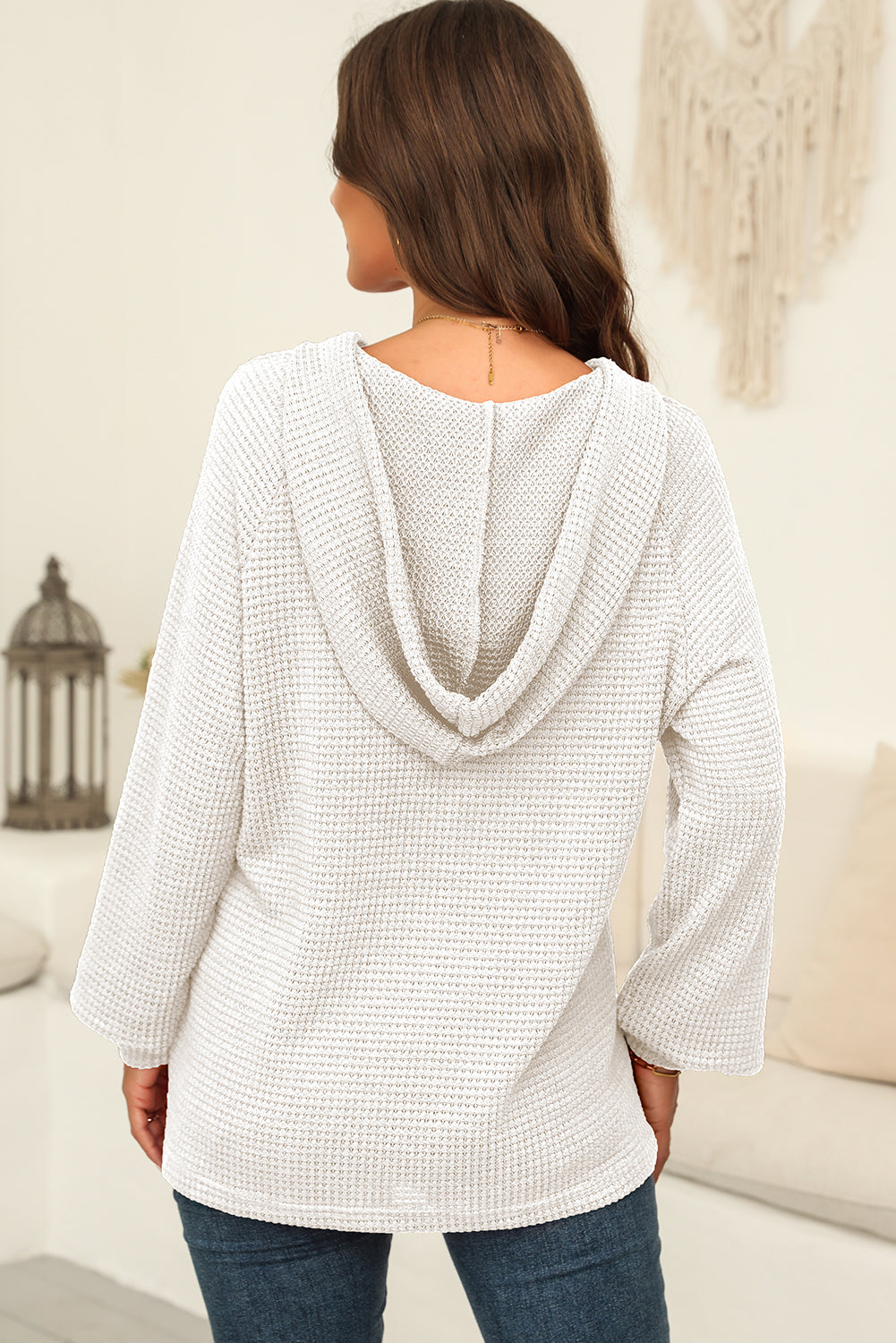 White Thermal Waffle Knit Button V Neck Loose Drawstring Hoodie
