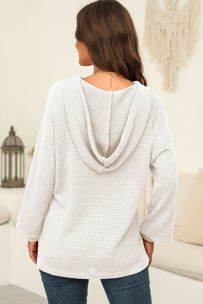 White Thermal Waffle Knit Button V Neck Loose Drawstring Hoodie