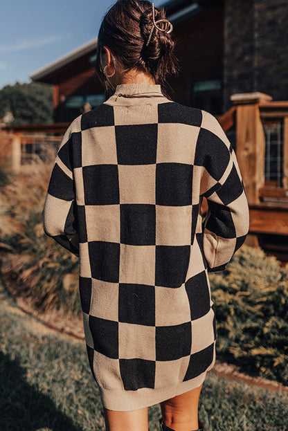 Black Checkered Pattern Knit Drop Shoulder High Neck Sweater Dress