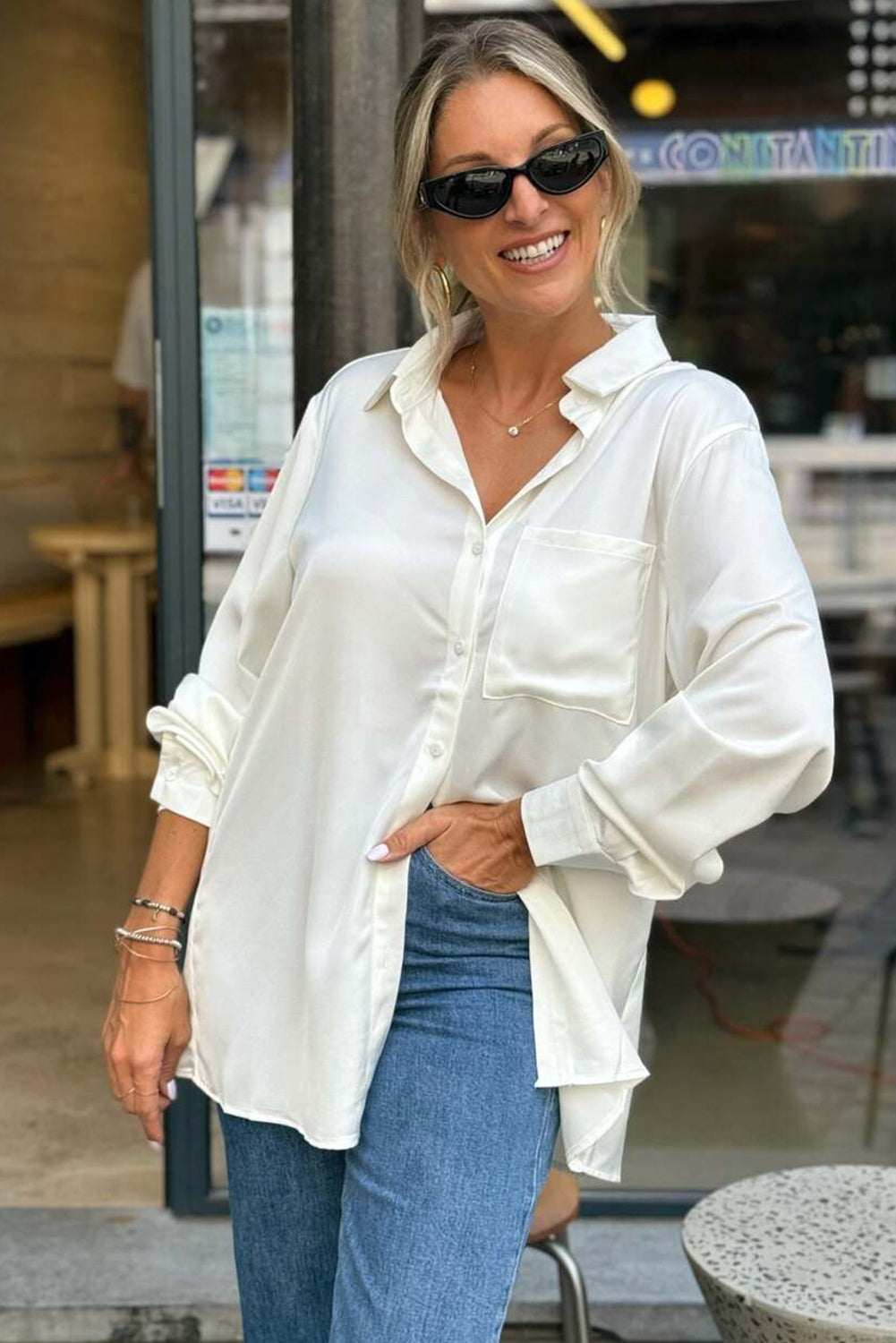 White Single Chest Pocket Lace Splicing Knot Open Back Tunic Shirt