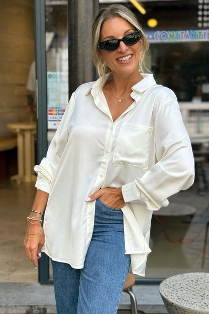 White Single Chest Pocket Lace Splicing Knot Open Back Tunic Shirt