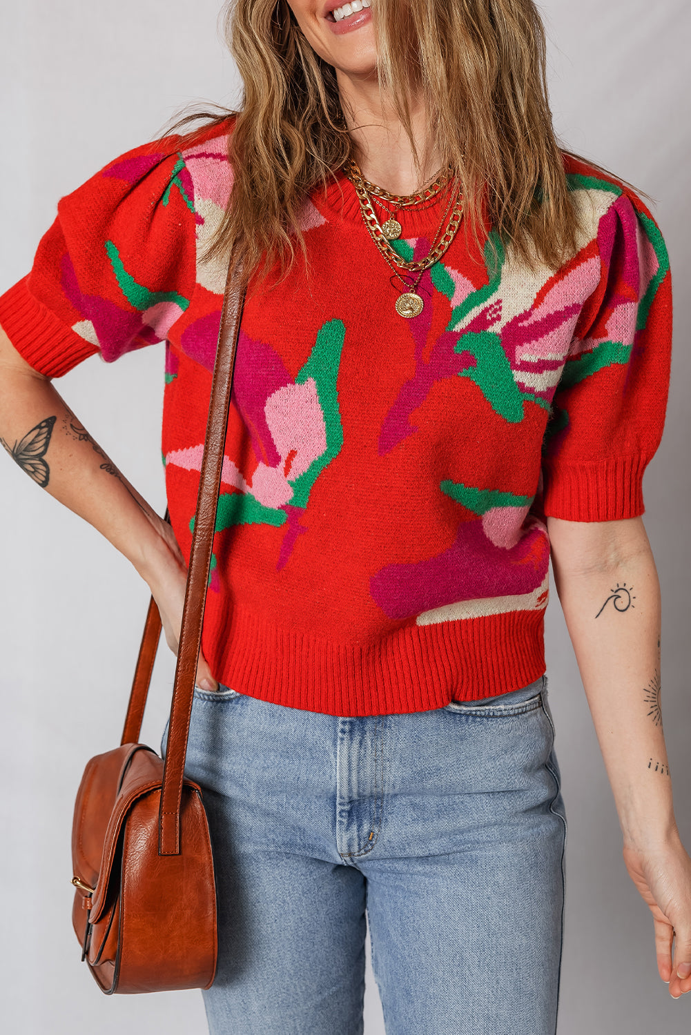 Red Floral Abstract Print Short Puff Sleeve Sweater
