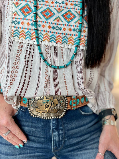 Ethnic Chic White Aztec Embroidered Notched Blouse