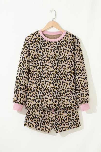 Pink Leopard Print Contrast Edge Long Sleeve Pullover Shorts Set