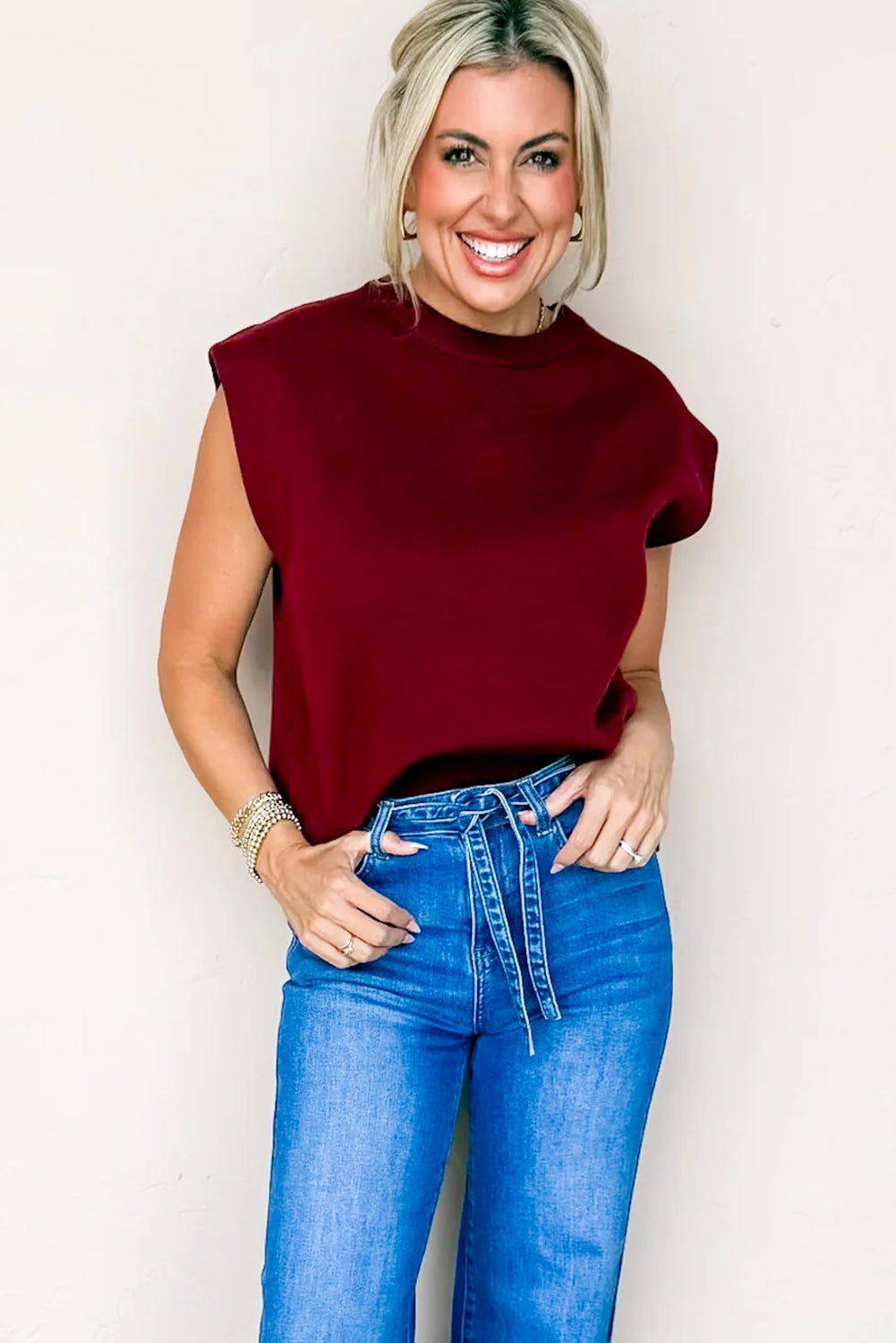 Racing Red Solid Color Knit Cap Sleeve Sweater