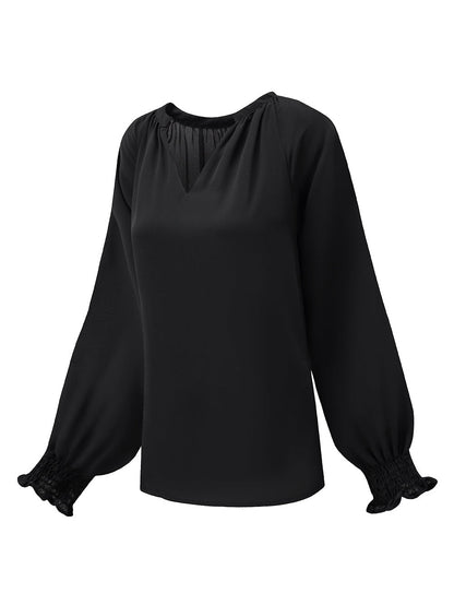 Elegant Black V-Neck Puff Sleeve Pleated Top