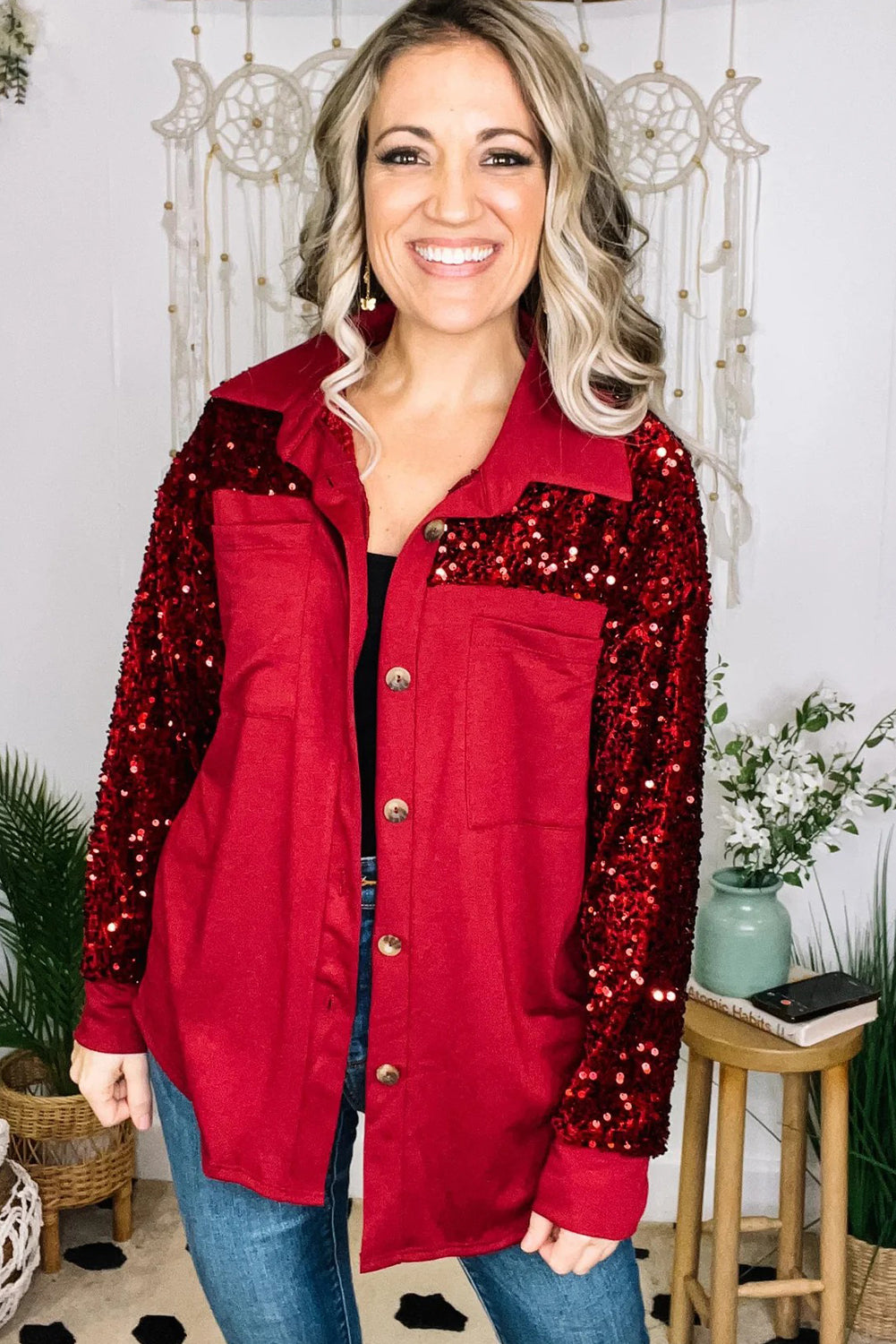 Racing Red Stunning Sequin Patchwork Double Chest Pocket Button Down Shacket