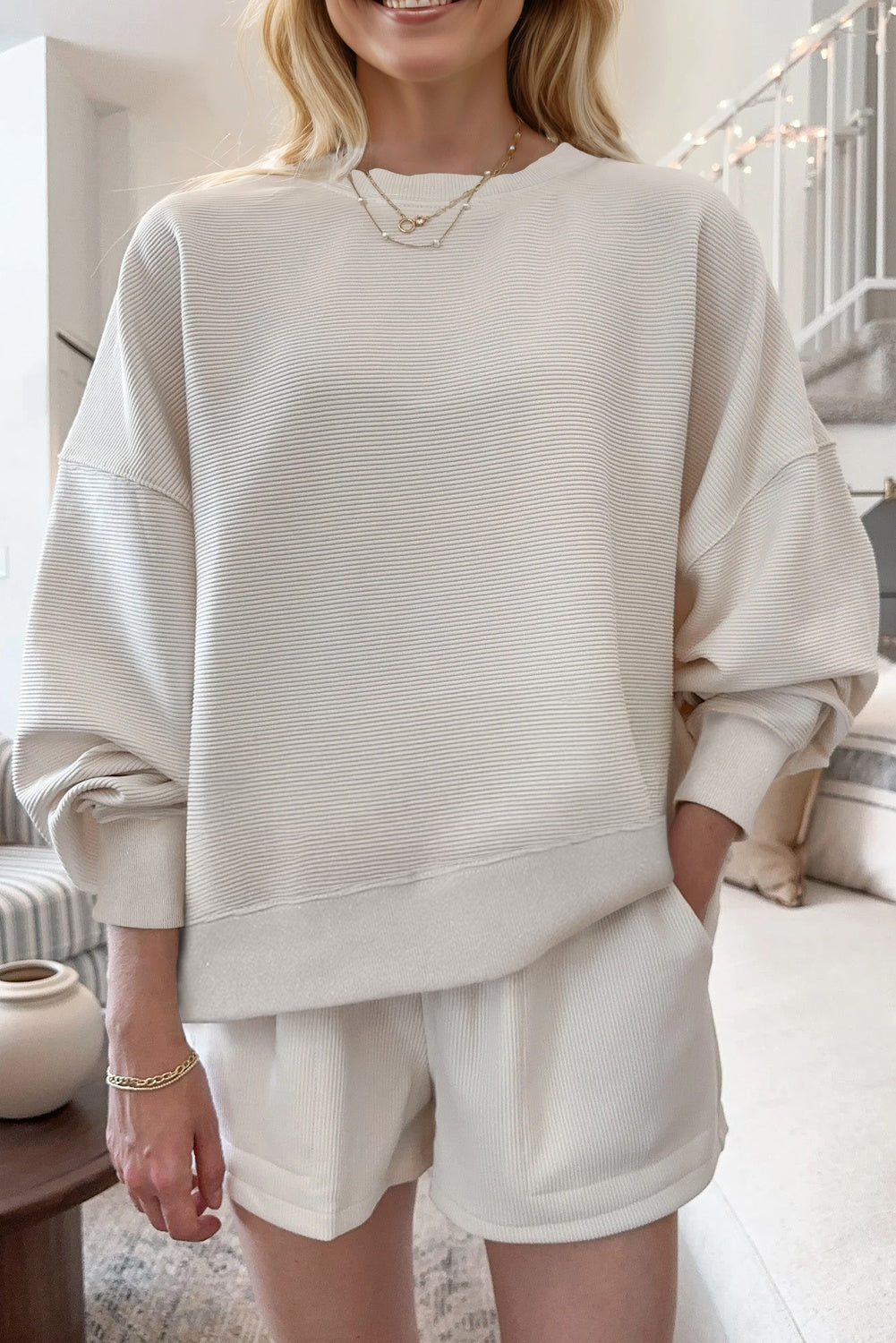 White Ribbed Texture Baggy Drop Shoulder Pullover and Shorts Set