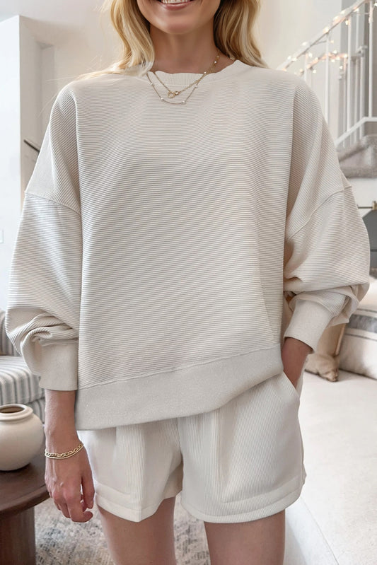 White Ribbed Texture Baggy Drop Shoulder Pullover and Shorts Set