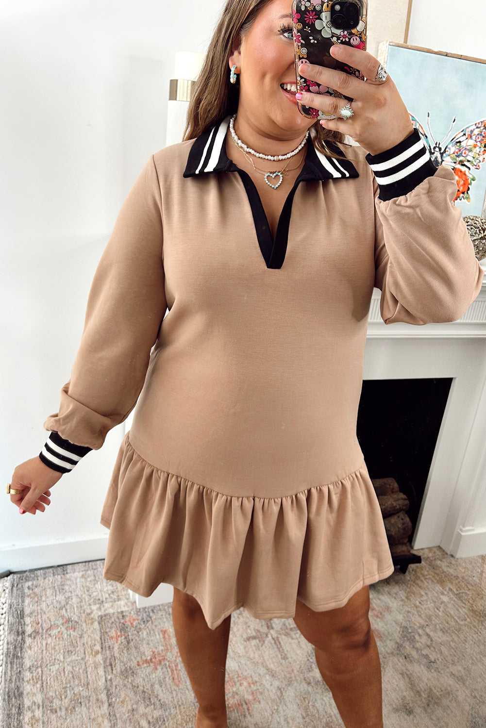 Pale Khaki Plus Size Contrast Cuffed Collar Patchwork Ruffle Hem Short Dress