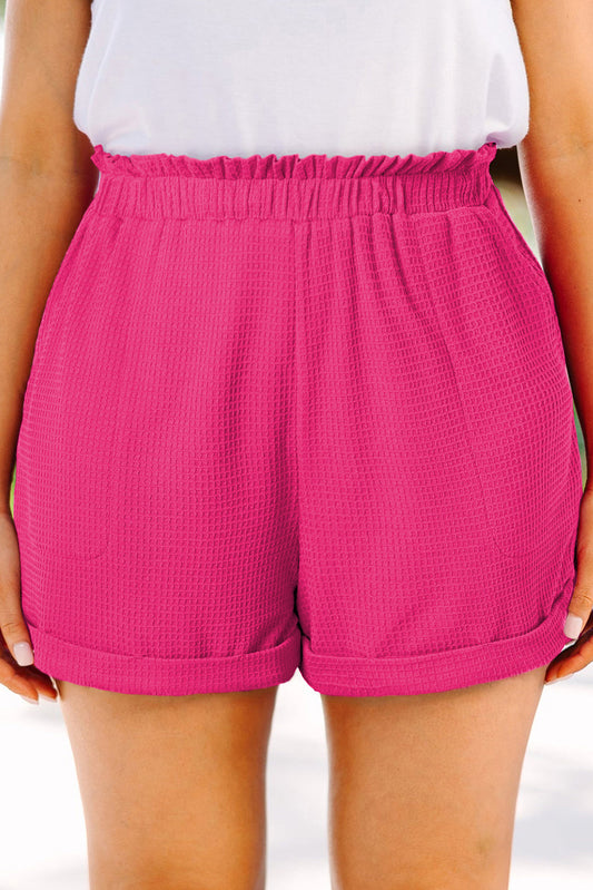 Vibrant Pink Plus Size Textured Shorts with Ruffled Elastic Waist