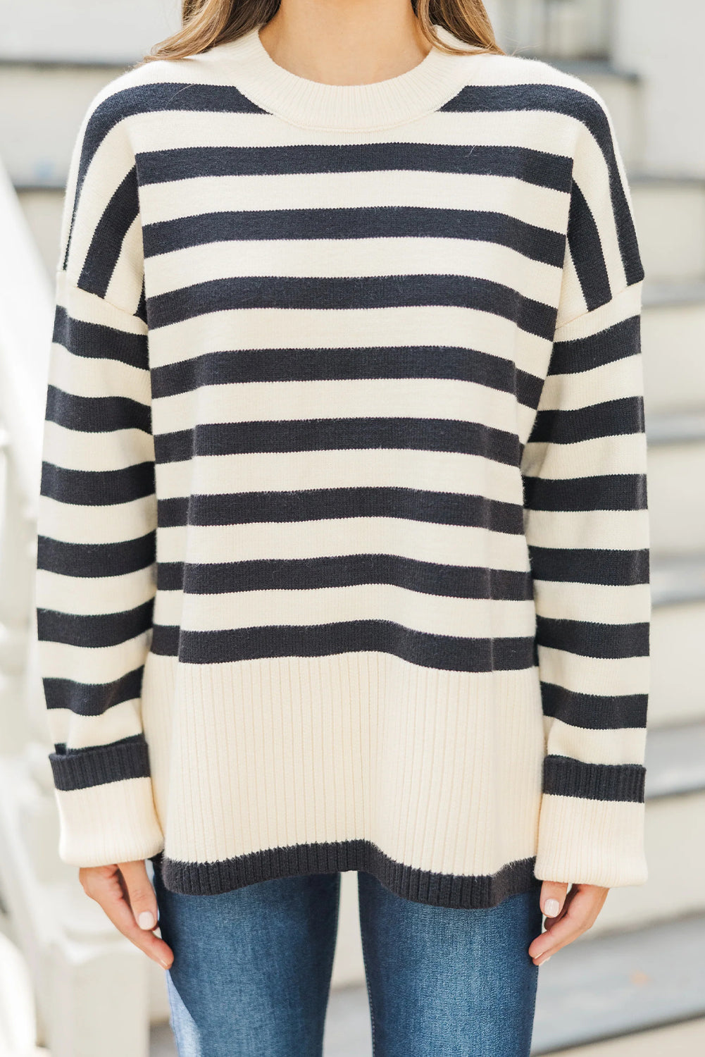 Black Stripe Ribbed Buttoned Detail Drop Shoulder Tunic Sweater