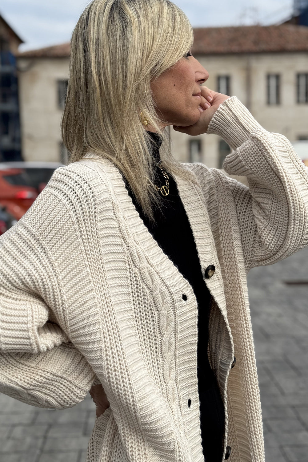 Beige Cable Knit Button V Neck Oversize Sweater Cardigan