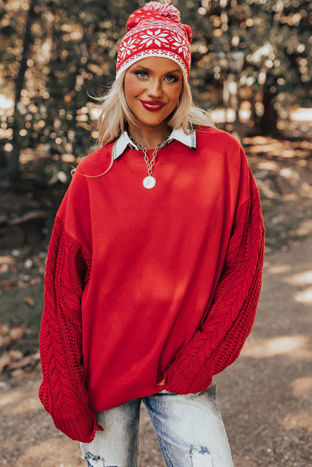 Fiery Red Cable Knit Textured Patchwork Sleeve Slouchy Sweater