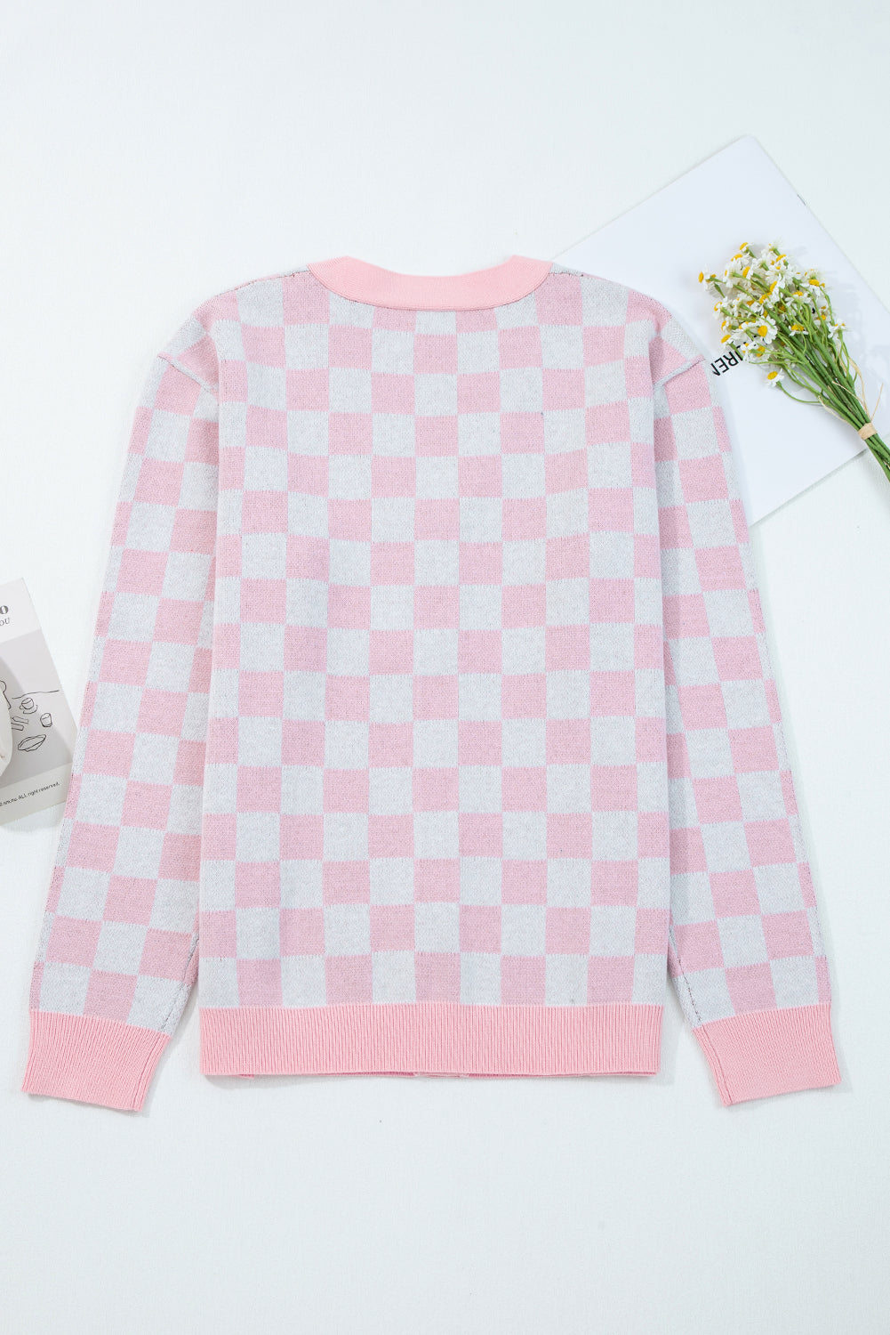 Pink Checkered Christmas Tree Pattern Button V Neck Cardigan Sweater