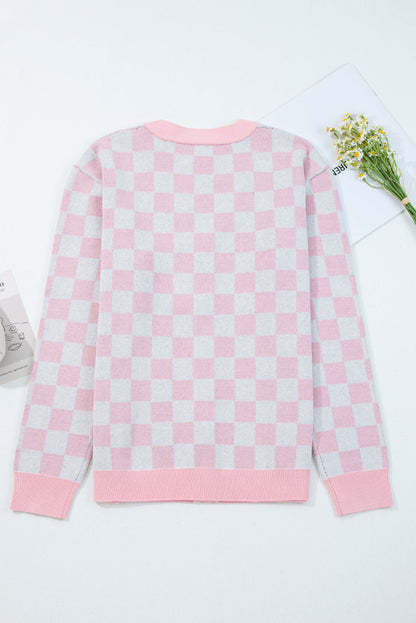 Pink Checkered Christmas Tree Pattern Button V Neck Cardigan Sweater