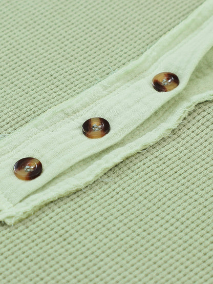 Green Textured Waffle Knit Henley Top