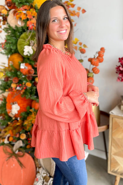 Orange Solid Color Frilled Round Neck Ruffle Hem Patchwork Tunic Top