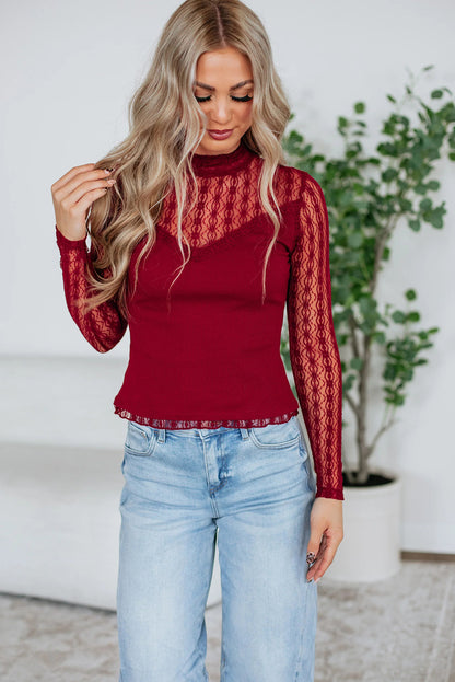 Red Dahlia Textured Knit Lace Patchwork Sheer Long Sleeve Top