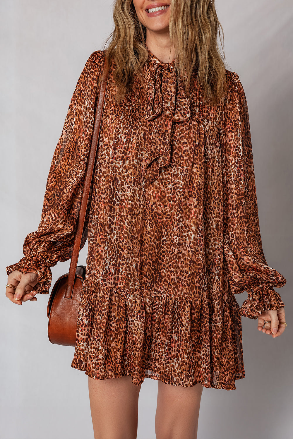 Brown Leopard Print Tie Neck Ruffled Long Sleeve Loose Fit Mini Dress
