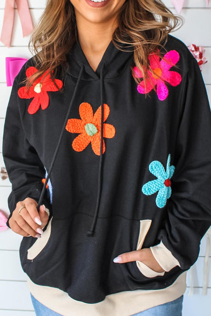 Black Flower Patched Contrast Trim Pullover Hoodie