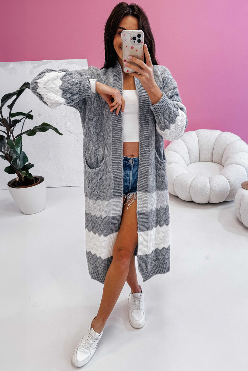 Gray Color Block Side Pockets Open Front Long Cardigan