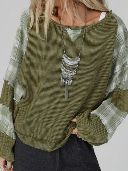 Green Plaid Bubble Sleeve Waffle Knit Patchwork Top