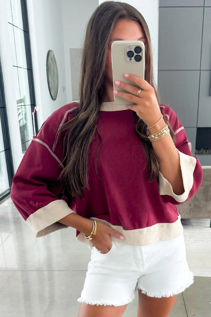 Red Dahlia Color Block Exposed Seam Patchwork 3/4 Sleeve Baggy Sweatshirt