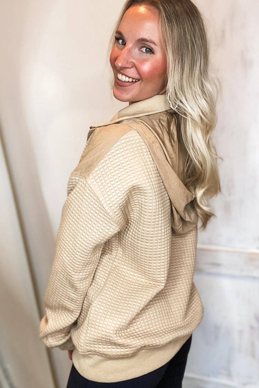 Tan Button Zip Double Collar Patchwork Waffle Textured Hoodie