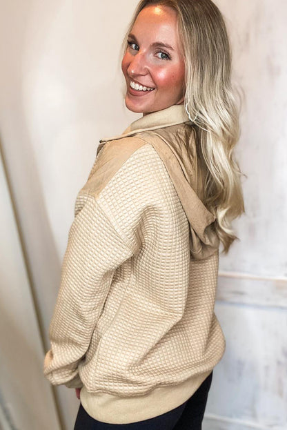 Tan Button Zip Double Collar Patchwork Waffle Textured Hoodie