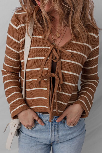 Chestnut Tie Front Striped Knit V Neck Cardigan Sweater