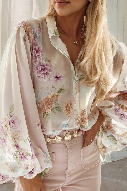 White Floral Puff Sleeve Breezy Shirt