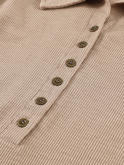 Elegant Khaki Knit Top with Chic Turn-down Neck